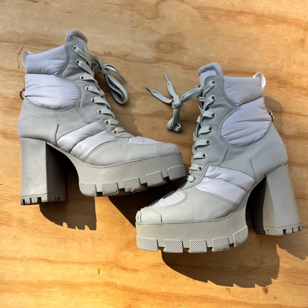 Grey Puffer Platform Ankle Boots Chunky Block Heel Lug Sole Lace Up Side Zip 7.5 - Picture 3 of 10